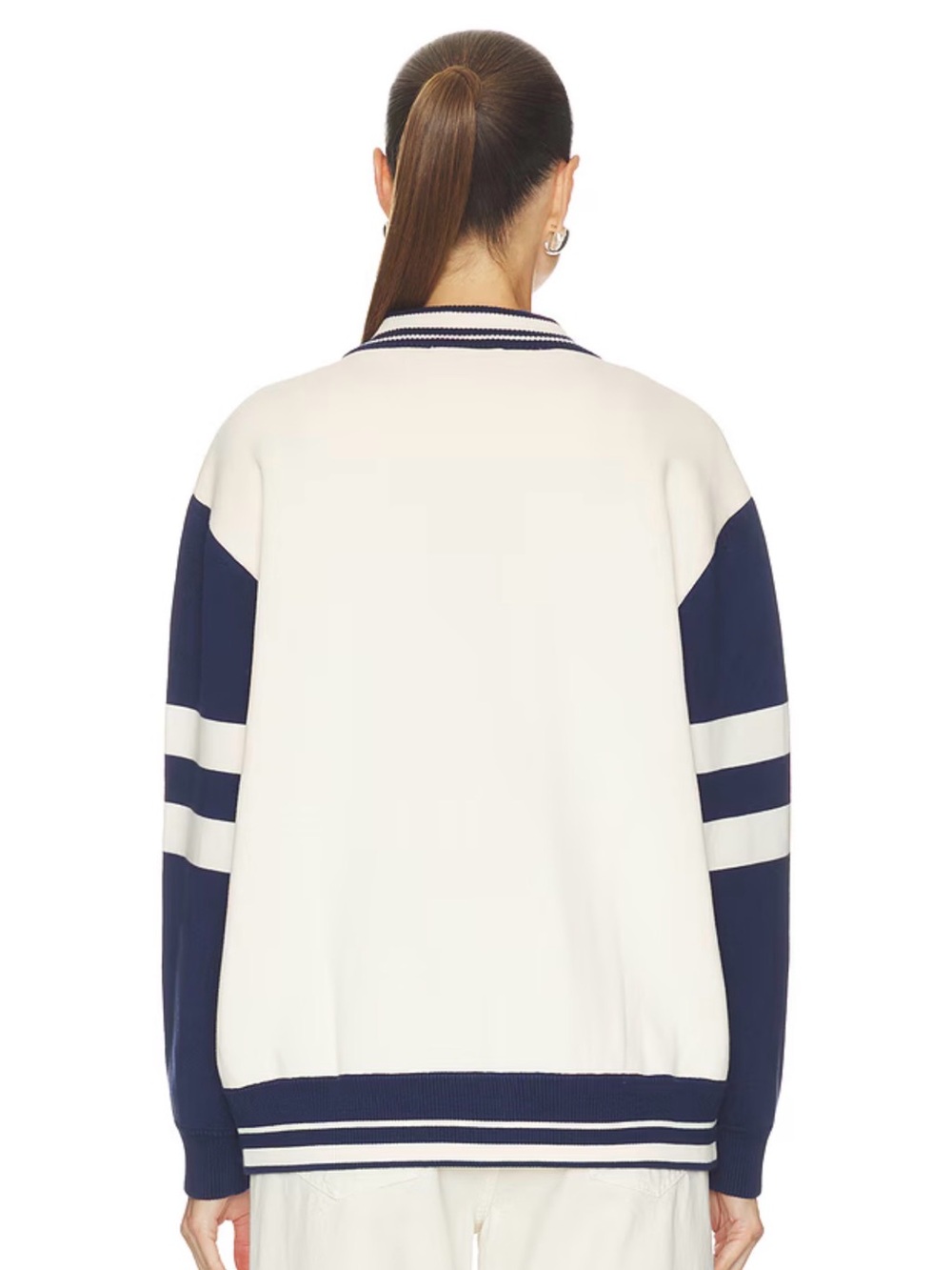 Cream and Navy Contrast-Sleeve Varsity Jacket - Picture 3 of 5